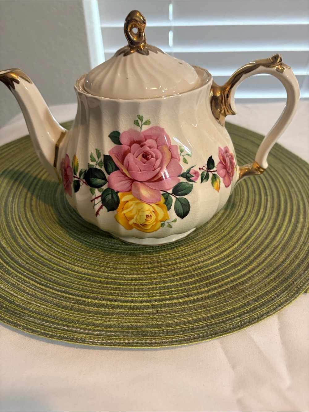 Floral Porcelain Teapot with Pink & Yellow Roses. Sadler England